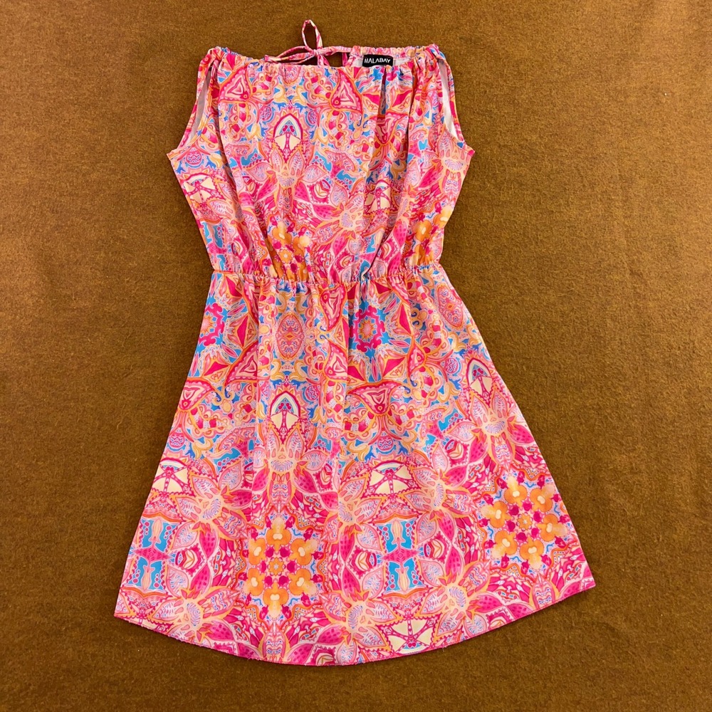 Malabay Womens Large Pink Orange Kaleidoscope Print Sleeveless Mini Dress New